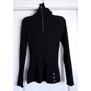 VTG Y2K Cache Black Silk Blend Ribbed Turtleneck Sweater Rhinestone Zip Sz M